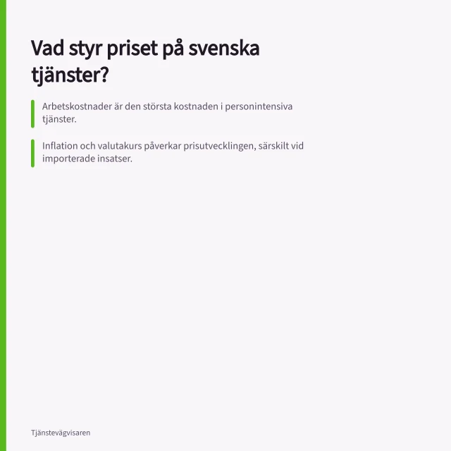 Vad styr priset på svenska tjänster?: Arbetskostnader är den största kostnaden i personintensiva tjänster.; Inflation och valutakurs påverkar prisutvecklingen, särskilt vid importerade insatser.; Index som LCI och PPI används ofta i avtal för att justera priser över tid. Vad styr priset på svenska tjänster?
